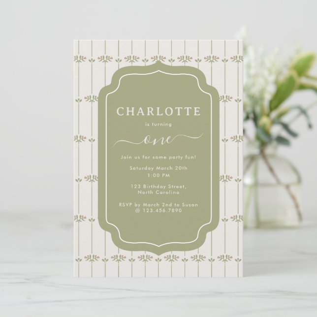 Invitation Vintage Victorian Botanical Stripes Birthday (Debout devant)