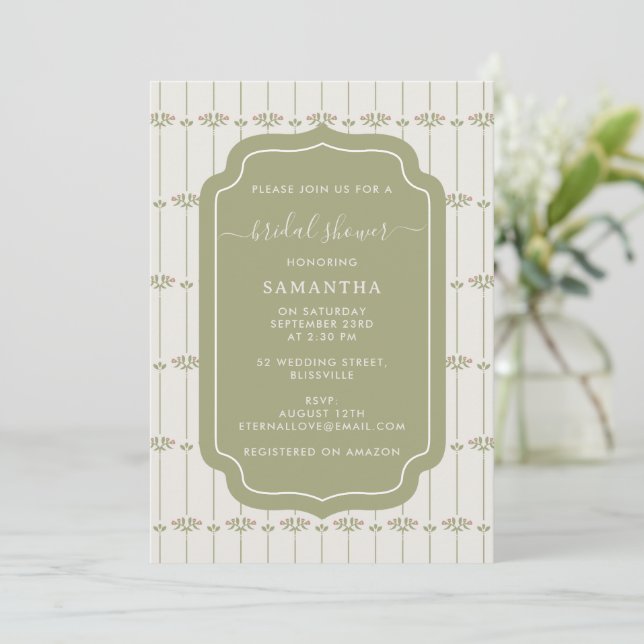Invitation Vintage Victorian Botanical Stripes Bridal Shower (Debout devant)