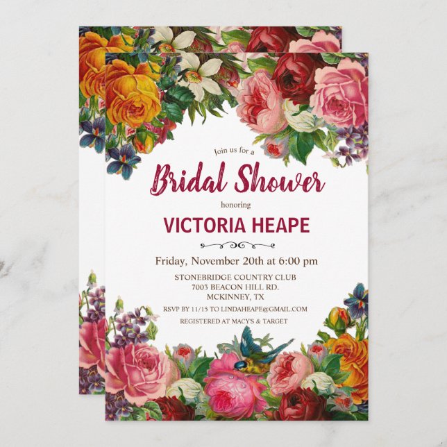 Invitation vintage Victorian Floral Bridal Shower (Devant / Derrière)