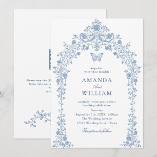 Invitation Vintage Victorian Floral Dusty Blue Sketch Mariage