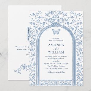 Invitation Vintage Victorian Floral Dusty Blue Sketch Mariage