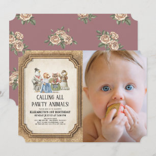 Invitation Vintage Victorian Pawty Animal Girl Photo Annivers