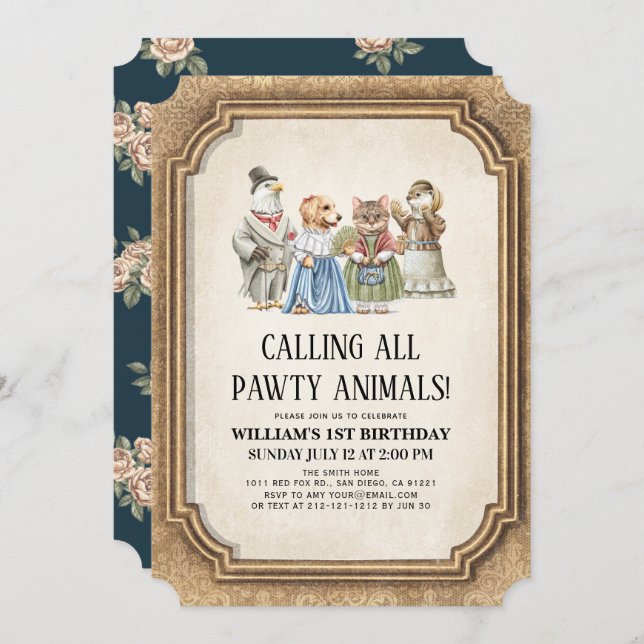 Invitation Vintage Victorian Pawty Animaux Garçon Anniversair (Devant / Derrière)