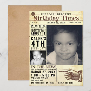Invitation Vintage vieux journal rétro Anniversaire Times 2 P