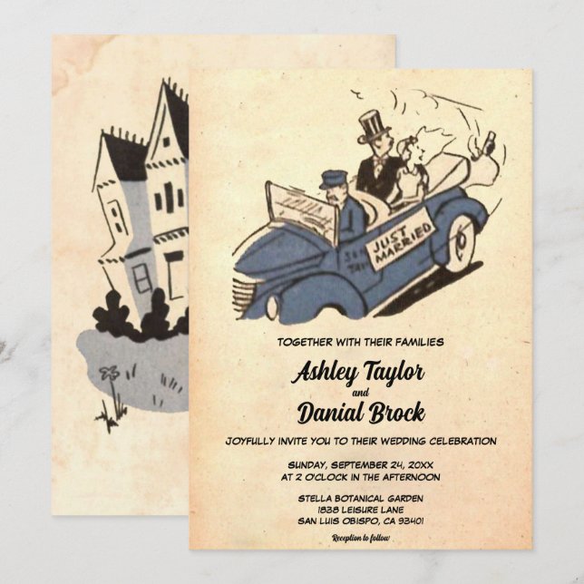 Invitation Vintage Vieux Rustique Couple Comic Livre Mariage  (Devant / Derrière)