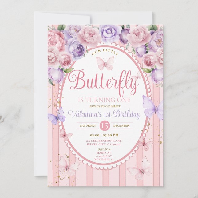 Invitation Vintage violet rose Notre Petit Papillon Anniversa (Devant)
