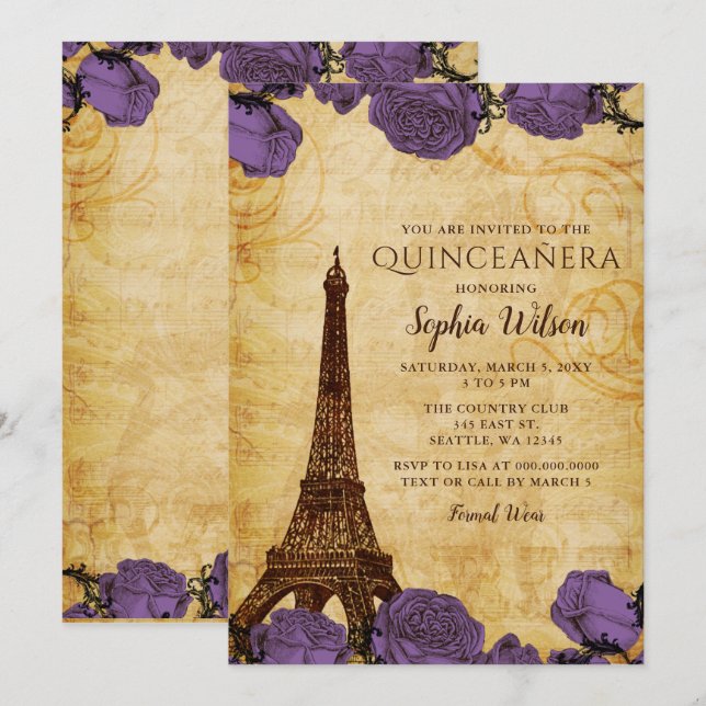 Invitation Vintage violet Roses Tour Eiffel Quinceañera (Devant / Derrière)