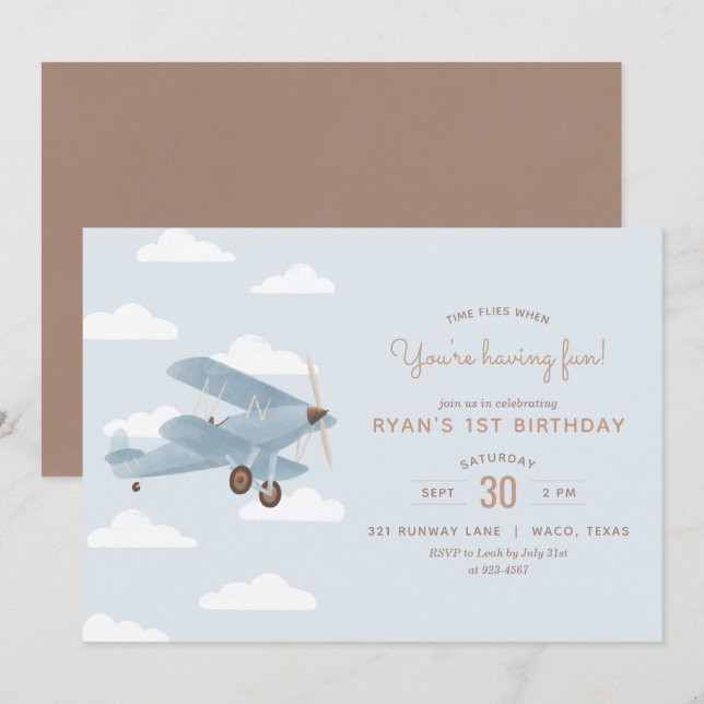 Invitation Vintage voyage Biplane Boy Fête d'anniversaire (Devant / Derrière)