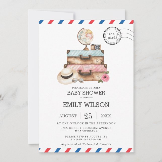 Invitation Vintage voyage Voyage Aventure Baby shower fille (Devant)