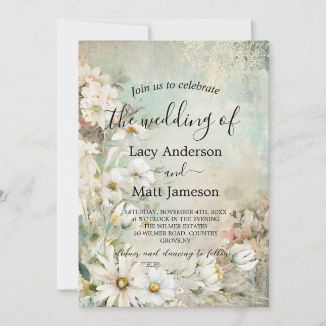 Invitation Vintage White Daisy Photo QR Code Mariage (Devant)