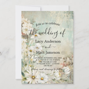 Invitation Vintage White Daisy Photo QR Code Mariage