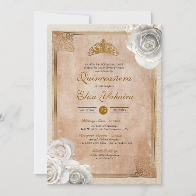 Invitation Vintage White & Gold Roses Royal Quinceanera (Devant)