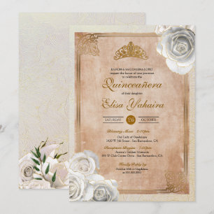 Invitation Vintage White & Gold Roses Royal Quinceanera