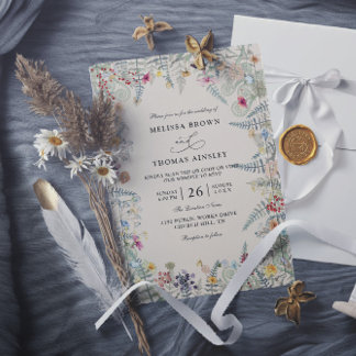 Invitation Vintage Wildflowers Fern Budget QR Code Wedding