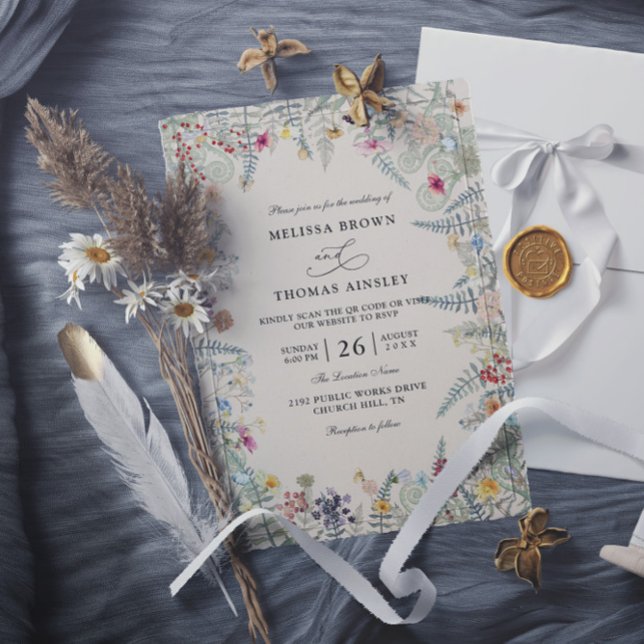 Invitation Vintage Wildflowers Fern Budget QR Code Wedding (Créateur téléchargé)