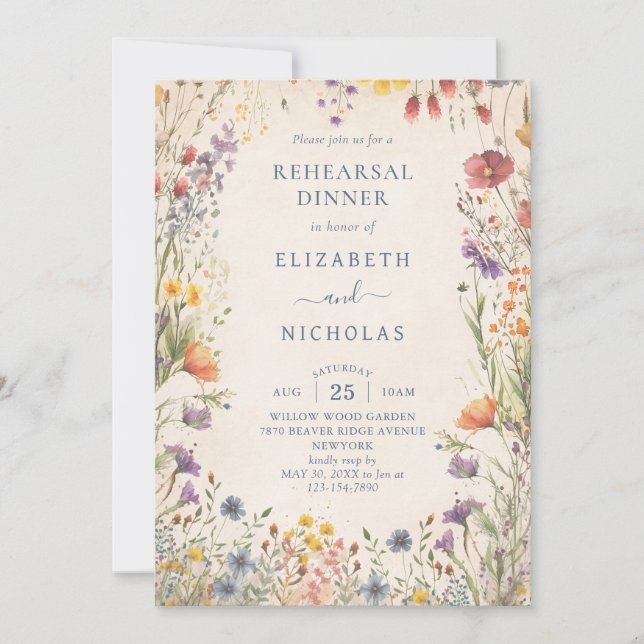 Invitation Vintage Wildflowers Wedding Rehearsal Dinner (Devant)