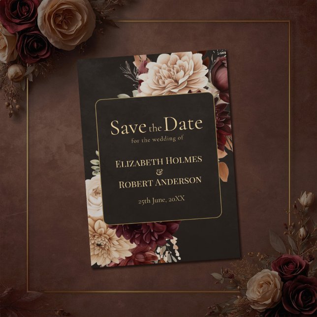 Invitation Vintage Witchy Floral Save the Date (Vintage Witchy Floral Save the Date Invitation on a brown vintage wedding table with flowers.)