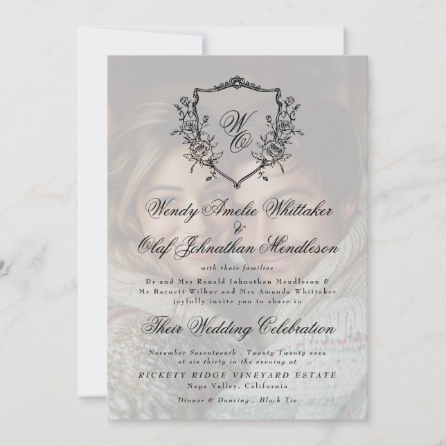 Invitation Vintage Wreath Crest Black White Photo Wedding (Devant)
