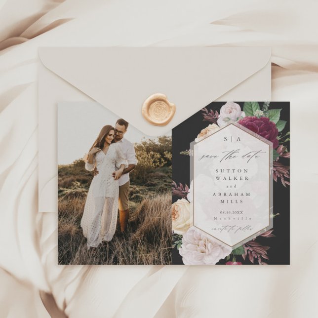 Invitation Vintages fleurs florales photo mariage enregistrer (Vintage Floral Bouquet Black  Photo Wedding Save the Dates.)