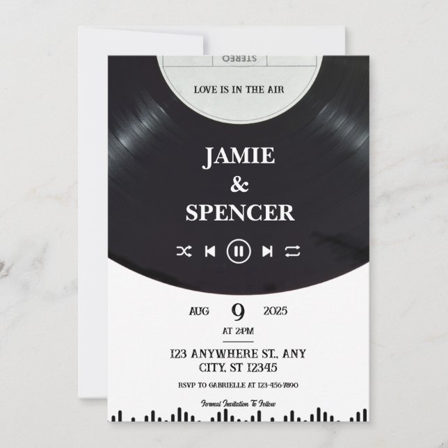 Invitation Vinyl Minimaliste Blanc Noir Enregistrer La Date (Devant)