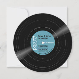 Invitation Vinyl Record Monogramme Retro Mariage bleu