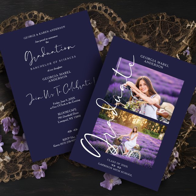 Invitation Violet 2 Photos Calligraphie Exquise Remise de dip (Purple 2 Photos Modern Exquisite Calligraphy Graduation Invitation Card with Envelope.)