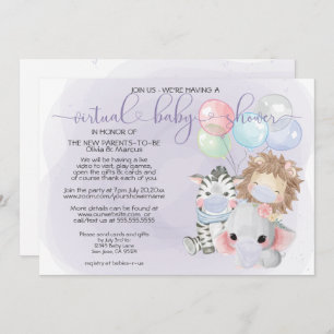 Invitation Violet 3 mignons animaux dans les masques Baby sho