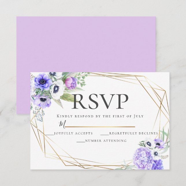 Invitation Violet Anémonique Floral Mariage RSVP (Devant / Derrière)