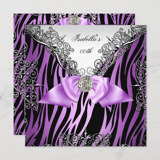 Invitation Violet Argent Blanc Noir Zèbre fête d'anniversaire (Devant / Derrière)