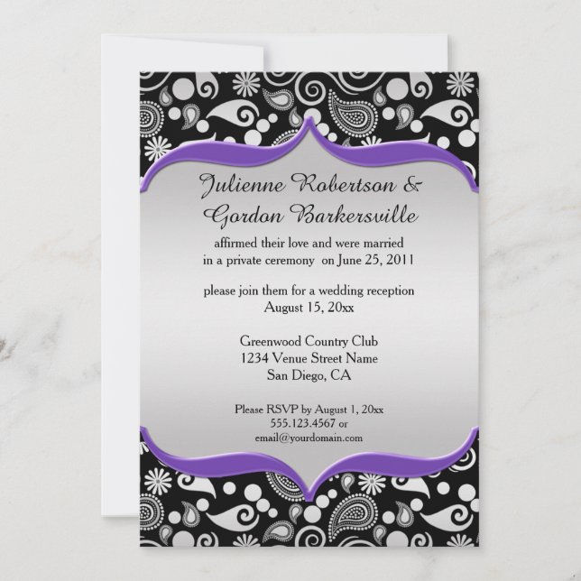 Invitation Violet Argent Noir Paisley Mariage Postérieur (Devant)