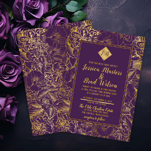 Invitation Violet Aspect de feuille d'or floral vintage mar
