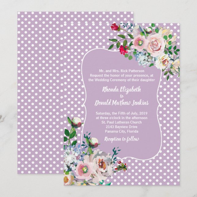 Invitation Violet avec Pois blancs et Mariage de fleurs (Devant / Derrière)