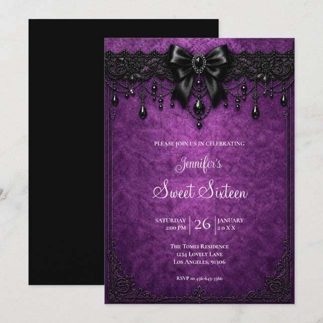 Invitation Violet Black Lace Sweet 16 Anniversaire (Devant / Derrière)