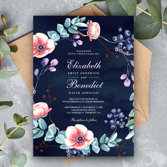 Invitation Violet blanc Anémones Eucalyptus Mariage bleu mari (Créateur téléchargé)