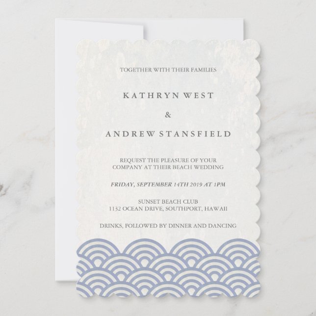 Invitation Violet+Blanc Stylisé Vagues Élégantes Mariage Plag (Devant)