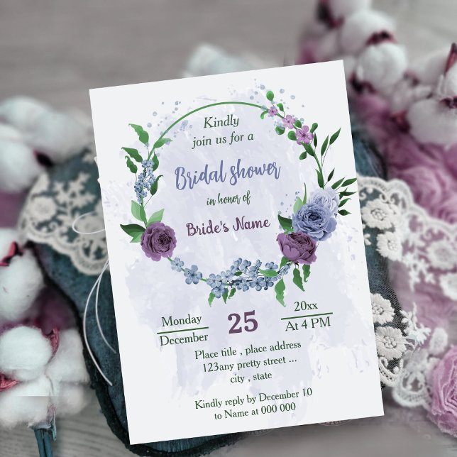 Invitation Violet bleu foncé fleurs verdure douche nuptiale (Créateur téléchargé)
