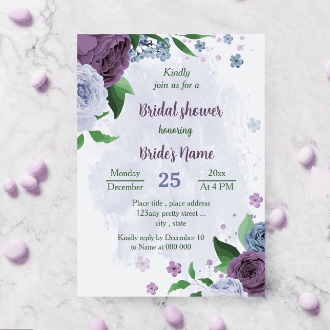 Invitation Violet bleu foncé fleurs verdure douche nuptiale (Créateur téléchargé)