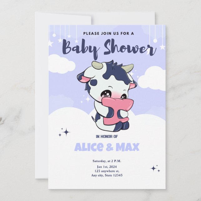 Invitation Violet bleu foncé Vache blanc Baby shower nuageux (Devant)