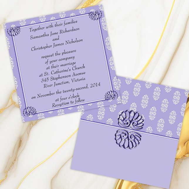 Invitation Violet bleu Mariage damassé (Créateur téléchargé)