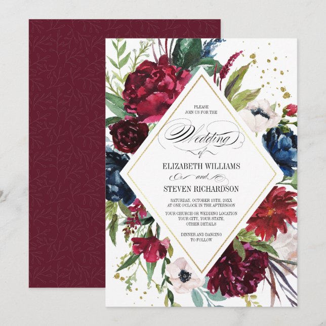 Invitation Violet | Bleu |Mariage d'aquarelle florale de Mars (Devant / Derrière)
