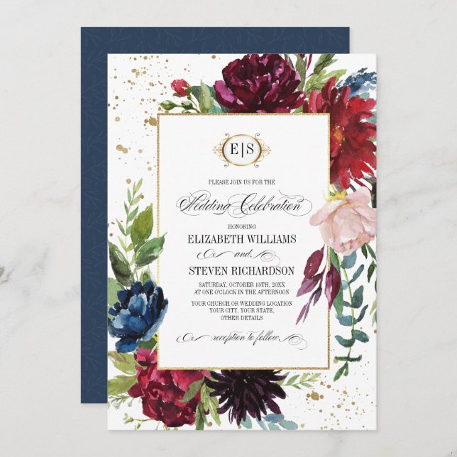 Invitation Violet | Bleu |Mariage d'aquarelle florale de Mars (Devant / Derrière)