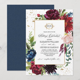Invitation Violet Bleu Mariage d'aquarelle florale de Mars