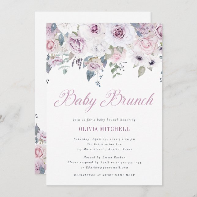 Invitation Violet | Brunch Floral Baby (Devant / Derrière)