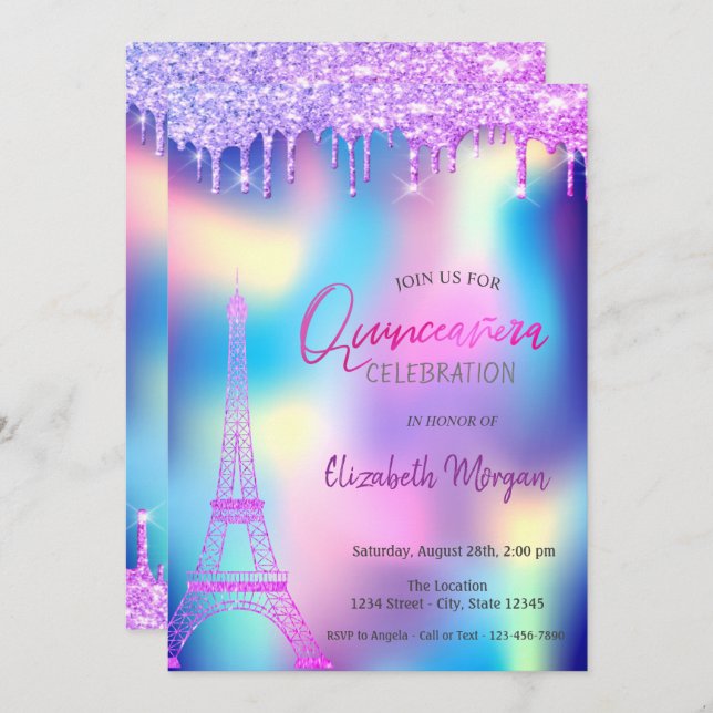 Invitation Violet chute tour Eiffel Holographique Quinceanera (Devant / Derrière)