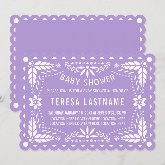 Invitation Violet clair, papillon blanc picado bébé douche (Devant / Derrière)