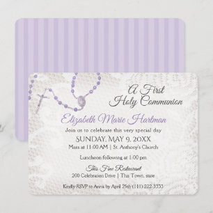 Invitation Violet de première communion Rosaire et dentelle