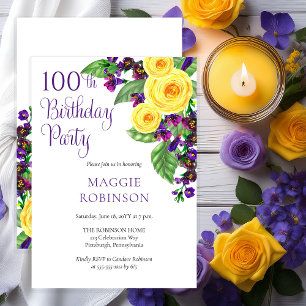 Invitation Violet de Roses Jaunes 100e fête d'anniversaire