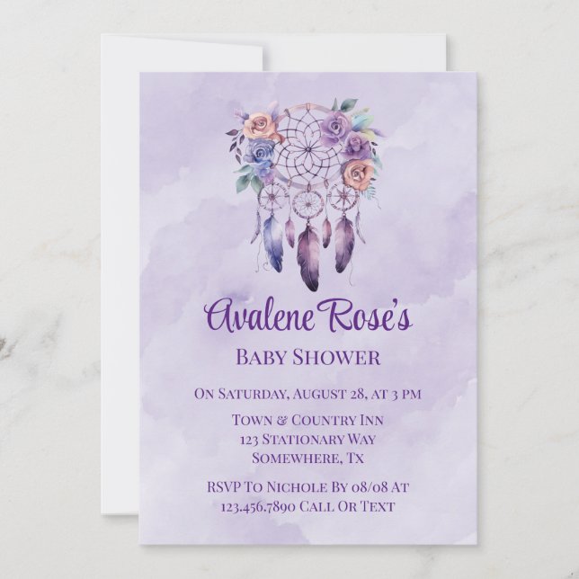 Invitation Violet Dreamcatcher et Fleurs Baby shower fille (Devant)