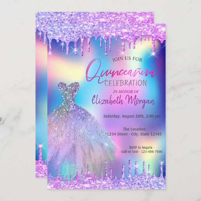 Invitation Violet Drop Robe Holographique Quinceañera (Devant / Derrière)