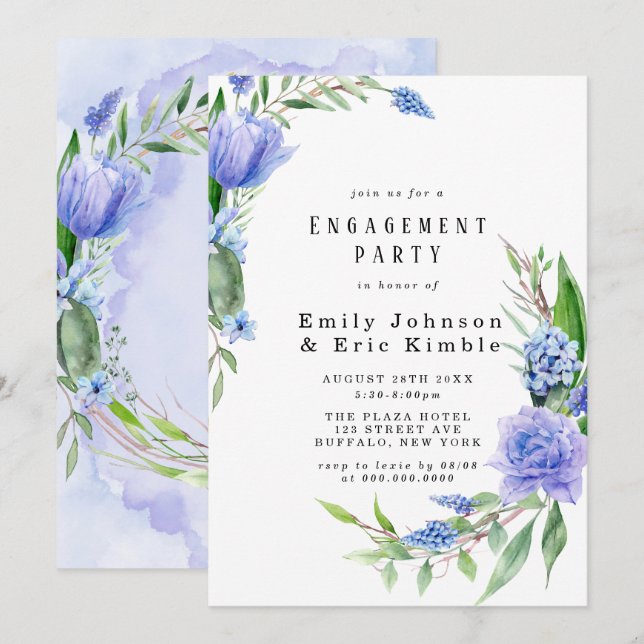 Invitation Violet Dusty Blue Hyacinth Peony Party (Devant / Derrière)